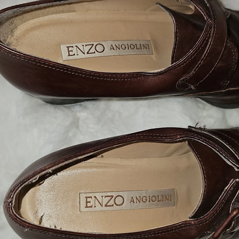 Enzo Angiolini Gravine Dark Brown Leather Chunky Heel Loafers Womens 7 Academia